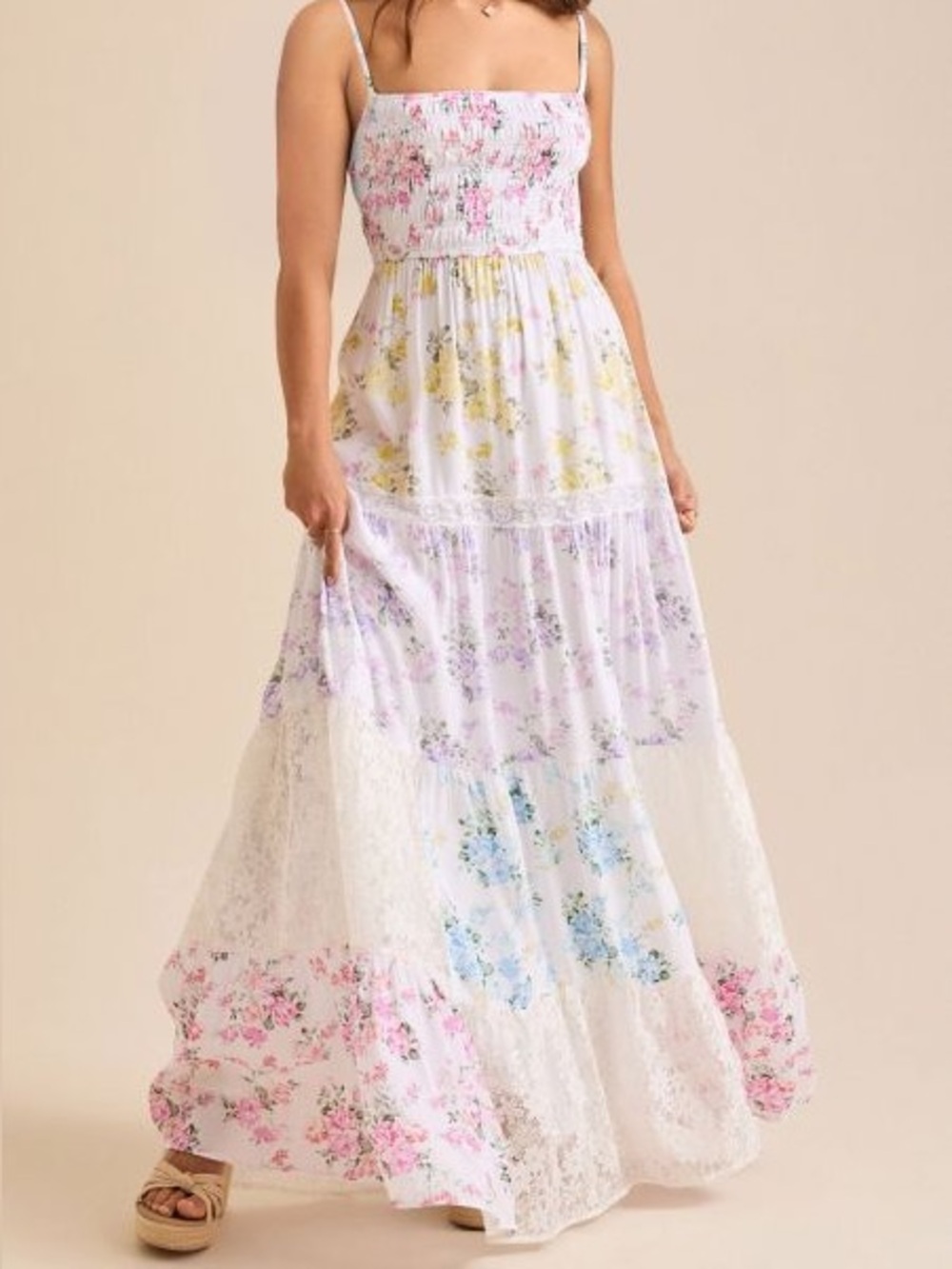 CHICWISH DELICATE FLORAL LACE PANEL CAMI SHIRRED MAXI DRESS - Picture 2 of 8